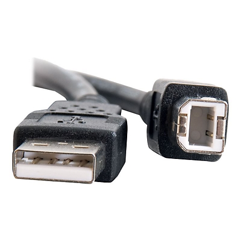 Nahaufnahme eines schwarzen USB-Kabels mit zwei Enden. Ein Ende ist der USB-A-Stecker, das andere der USB-B-Stecker.