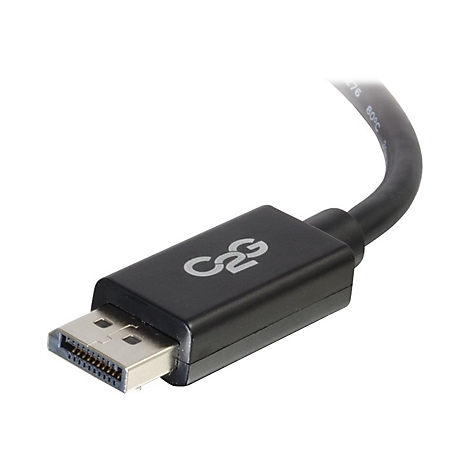 Nahaufnahme eines DisplayPort-Kabels. Schwarzes Kabel mit schwarzem Anschluss und dem Logo "C2G".