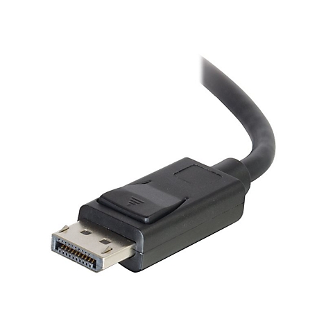 Nahaufnahme eines schwarzen DisplayPort-Kabels mit Metallstecker auf weißem Hintergrund.