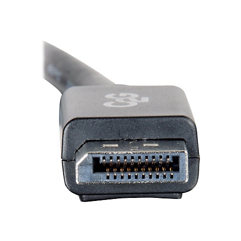 Nahaufnahme eines schwarzen DisplayPort-Kabels mit silberfarbenen Kontakten. Der Stecker ist nach vorne gerichtet.