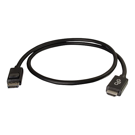 Schwarzes DisplayPort-auf-HDMI-Kabel, gewellt. An den Enden Stecker mit Logo.