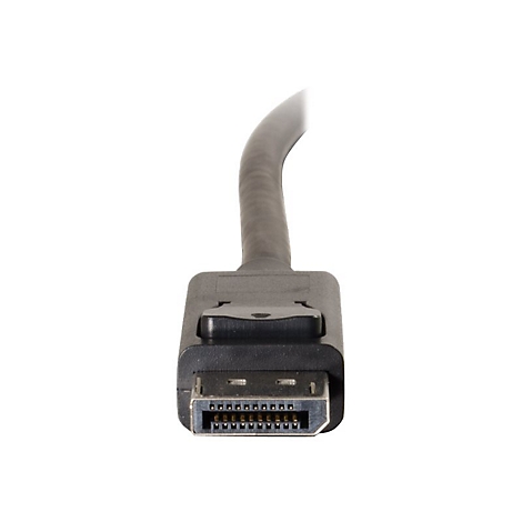 Nahaufnahme eines schwarzen DisplayPort-Kabels, Stecker im Fokus, weißer Hintergrund.