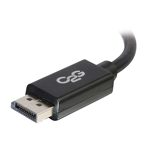 Nahaufnahme eines schwarzen DisplayPort-Kabels mit dem C2G-Logo. Stecker und Kabel sind deutlich sichtbar.