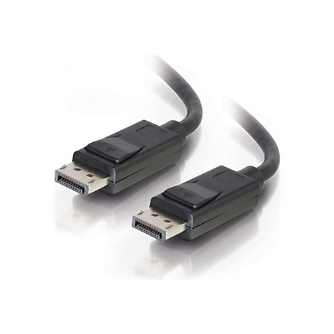 Schwarzes DisplayPort-Kabel mit Steckern. Auf weißem Hintergrund.
