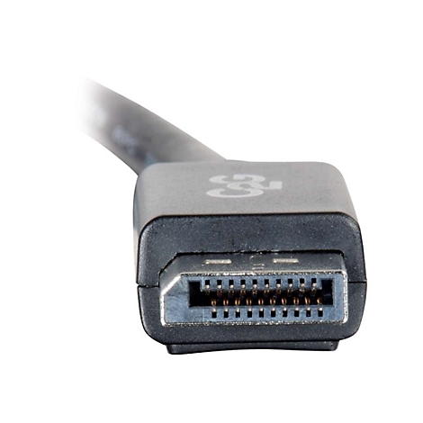Nahaufnahme eines DisplayPort-Steckers, grauer Kunststoff, silberne Kontakte.