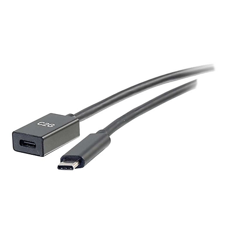 Ein schwarzes USB-C-Kabel mit Anschluss und Adapter mit der Aufschrift C2G auf weißem Hintergrund.