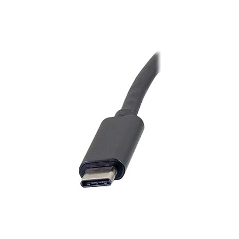 Ein schwarzer USB-C-Stecker vor weißem Hintergrund. Der Stecker ist im Detail zu sehen.