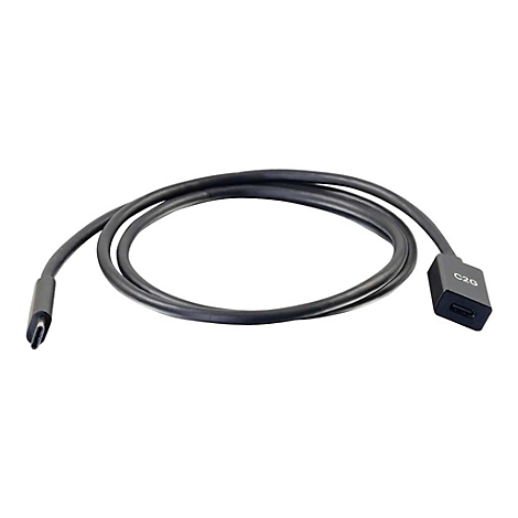 Ein schwarzes USB-C-Kabel auf weißem Hintergrund. An einem Ende ist ein USB-C-Anschluss, am anderen ein rechteckiger Anschluss mit der Aufschrift 'C2G'.