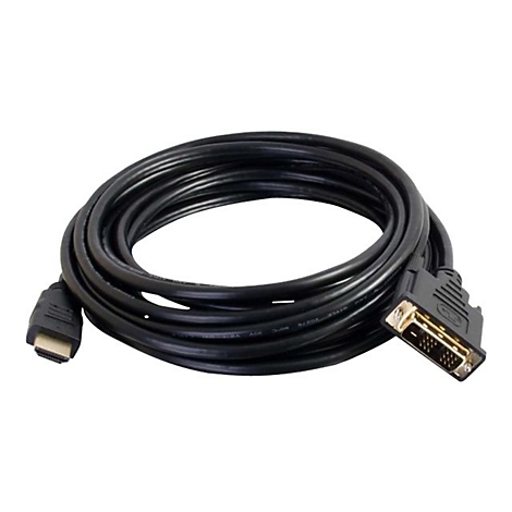Ein schwarzes Kabel, aufgerollt. An einem Ende ein HDMI-Stecker, am anderen Ende ein DVI-Stecker.