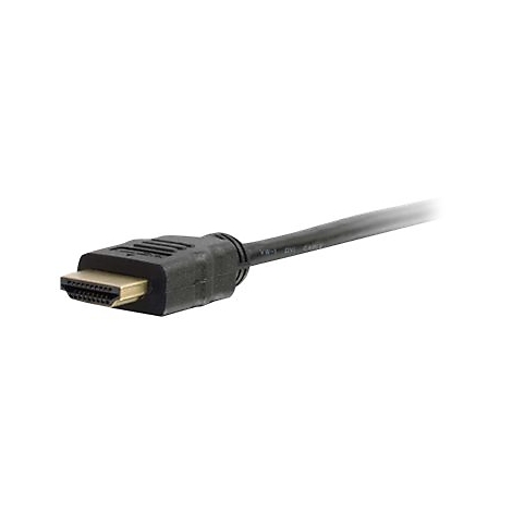 Ein schwarzes HDMI-Kabel, Detailaufnahme. Der Stecker ist im Fokus, mit goldfarbenen Kontakten.