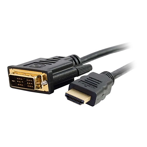 Ein schwarzes HDMI-Kabel mit DVI- und HDMI-Anschlüssen. Der DVI-Anschluss hat goldfarbene Kontakte, der HDMI-Anschluss ebenfalls.