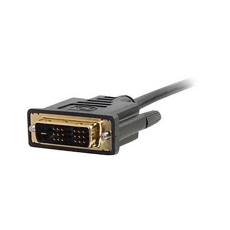 Nahaufnahme eines DVI-Kabels mit schwarzem Stecker und goldfarbenen Kontakten. Der Stecker ist im Detail zu sehen.