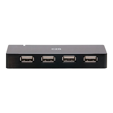 Schwarzer USB-Hub mit vier Anschlüssen, C2G-Logo.