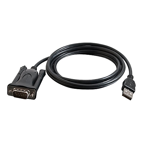 Schwarzes Kabel mit USB- und DB9-Anschluss, auf weißem Hintergrund.