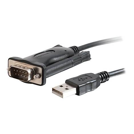 Schwarzes USB-zu-Seriell-Kabel mit Steckern an beiden Enden. Ein Stecker hat einen USB-Anschluss, der andere einen DB9-Stecker.