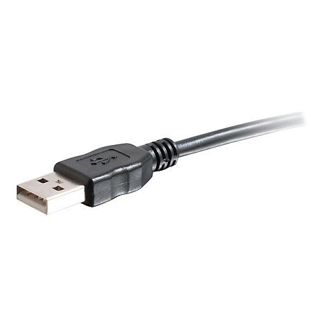 Ein schwarzes USB-Kabel mit Metallstecker und USB-Symbol. Das Kabel ist teils grau.