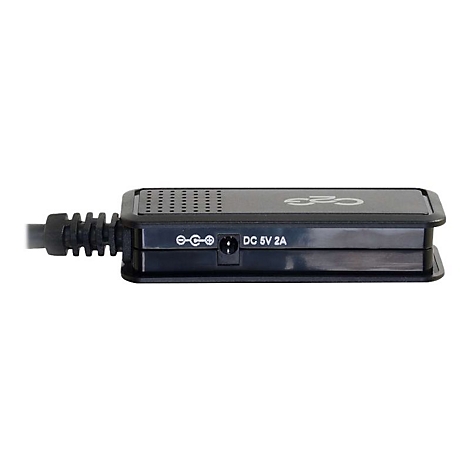 Schwarzes elektronisches Gerät mit Anschluss, Beschriftung DC 5V 2A. Aufschrift 'C2G'.