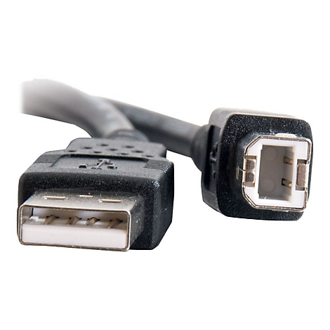 Nahaufnahme eines schwarzen USB-Kabels mit weißen Innenbereichen. Der Stecker ist im Winkel abgewinkelt.