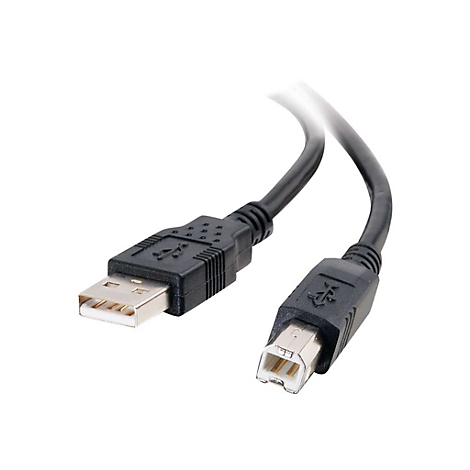 Ein schwarzes USB-Kabel auf weißem Hintergrund. Zwei Enden mit USB-A- und USB-B-Anschlüssen sind sichtbar.