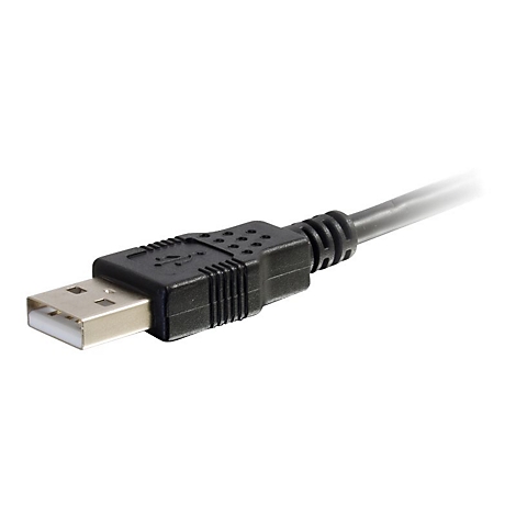 Ein USB-Kabel mit schwarzem Stecker und hellem Metallende, vor weißem Hintergrund.