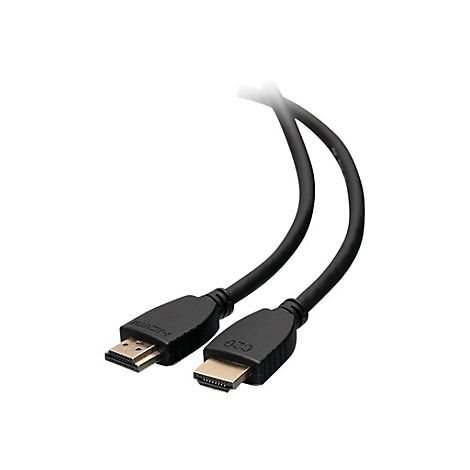 Zwei schwarze HDMI-Kabel mit Steckern; auf einem steht HDMI, auf dem anderen C2G.