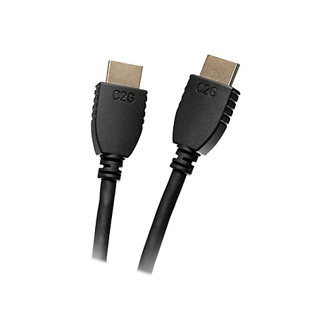 Zwei schwarze HDMI-Kabel mit dem Logo "C2G" auf den Steckern, vor weißem Hintergrund.