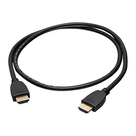 Ein schwarzes HDMI-Kabel liegt auf weißem Hintergrund. An beiden Enden sind die Stecker zu sehen.