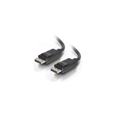 Ein schwarzes DisplayPort-Kabel mit Steckern an beiden Enden. Die Stecker haben ein graues Metallgehäuse und einen schwarzen Kunststoffteil.