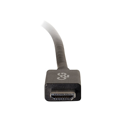 Nahaufnahme eines HDMI-Kabels mit grauem Stecker und schwarzem Kabel. Der Stecker trägt das Logo des Herstellers.