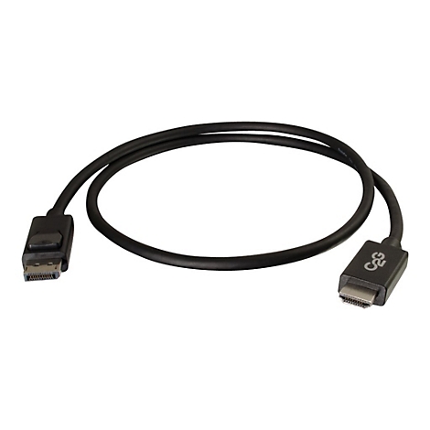 Schwarzes DisplayPort-Kabel mit Steckern an beiden Enden. Ein Ende hat einen Knopf, das andere das C2G-Logo.