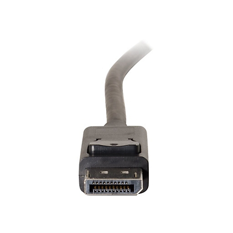 Nahaufnahme eines DisplayPort-Steckers, grauer Kunststoff und silberne Kontakte.