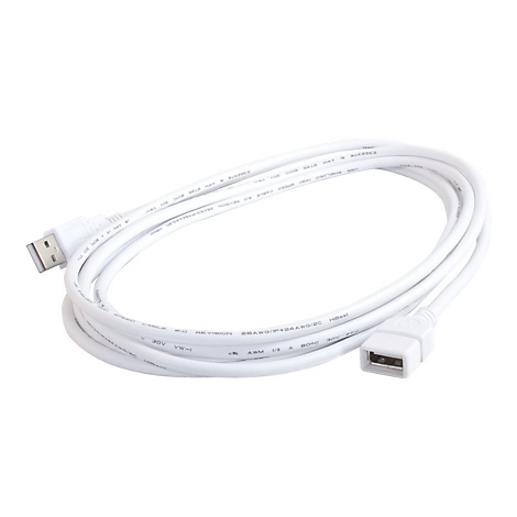 Weißes USB-Verlängerungskabel, auf weißem Hintergrund. An beiden Enden sind die USB-Anschlüsse deutlich erkennbar.