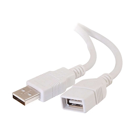 Weißes USB-Verlängerungskabel mit Stecker und Buchse auf weißem Hintergrund.