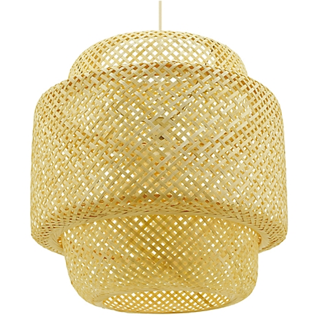 Hanglamp van geweven bamboe, drietraps, met een ophangkabel.