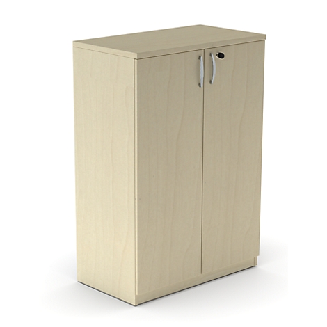 Beige cabinet with two doors and silver handles. A small keyhole is visible.