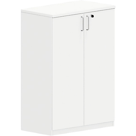 White cabinet with two doors and silver handles. A keyhole can be seen on the right door.