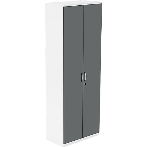A white cabinet with gray doors stands against a white background. Handles and lock are visible.