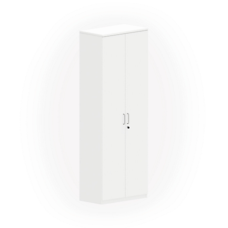 White cabinet with two doors and handles, on a white background.