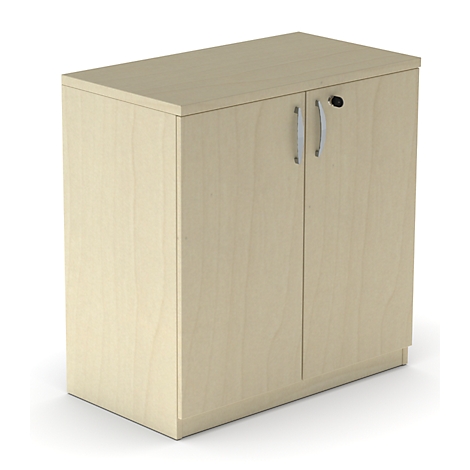 Light brown cabinet with two doors, silver handles and a lock.