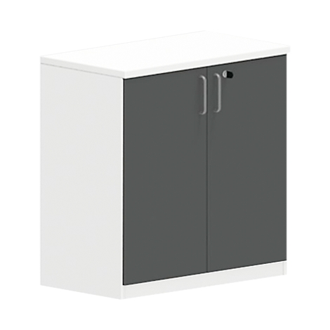 White office cabinet with two grey doors, silver handles, and a lock.