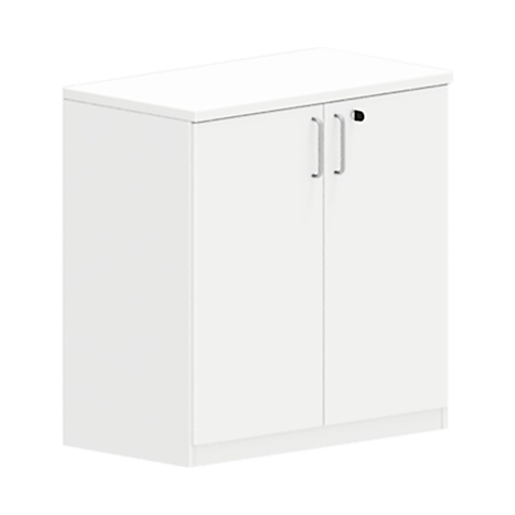 White filing cabinet with two doors and silver handles.