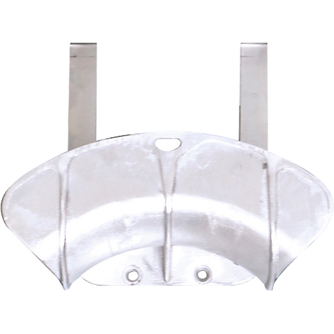 Silver metal guard with two vertical strips for hanging, two holes at the bottom.