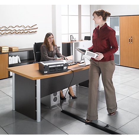 Two women in an office. One is sitting at the desk, the other is standing holding files. Office equipment.