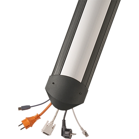 An elongated black housing with various cables, such as power cables, USB, and Ethernet cables.