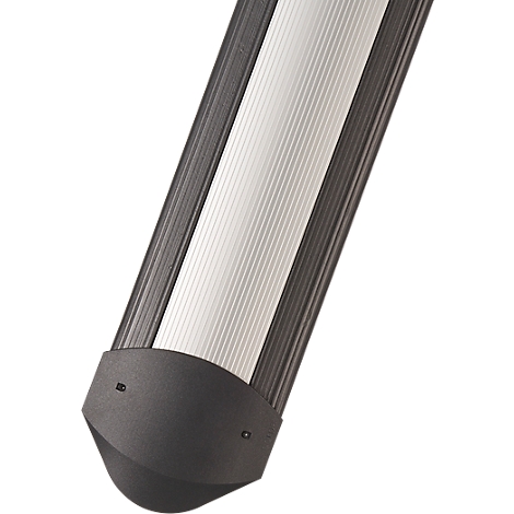 Oblique close-up of a metal component: silver ribbed center, dark gray sides, black end.