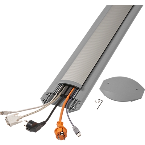 Gray cable duct with protruding cables and a cover with screws.
