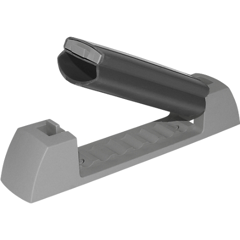 Gray angled holder with black cylindrical element, presumably a smartphone holder.