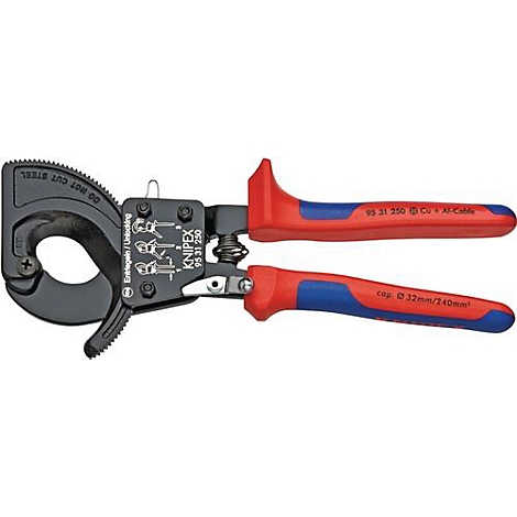 Cable cutter, red and blue with black cutting head, shows the Knipex brand.