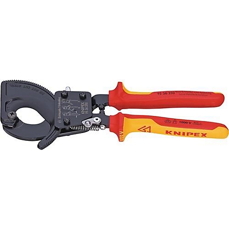 Cable cutter by Knipex. Red and yellow handles, black cutting head. Inscription: Knipex, 1000 V.