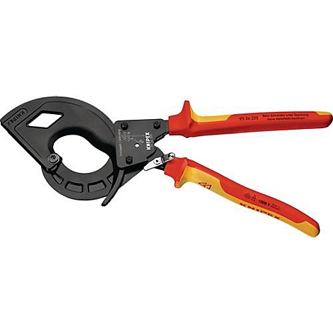 Cable crimping pliers, black-red-yellow, with open cutting edge and handles.
